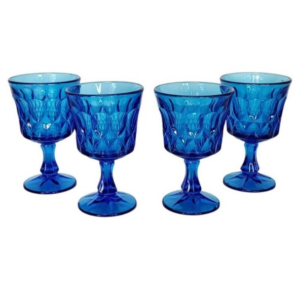 Vintage MCM Noritake Perspective Blue Glass Footed Wine Water Juice Four Goblets - Picture 1 of 11
